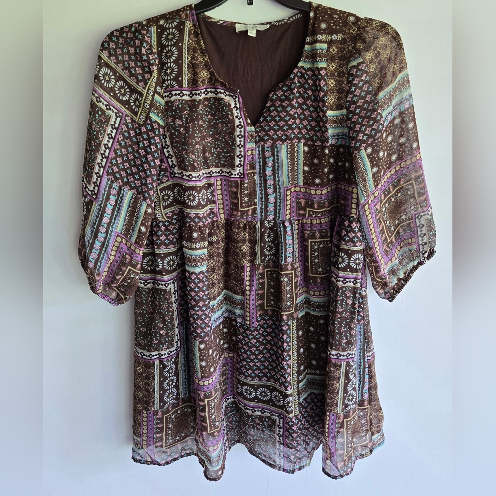 Umgee Brown & Purple Smocked Patterned Tunic, L